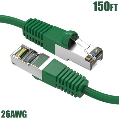 150FT Cat5E RJ45 Ethernet LAN Network FTP Shielded Cable Copper Gold 26AWG Green