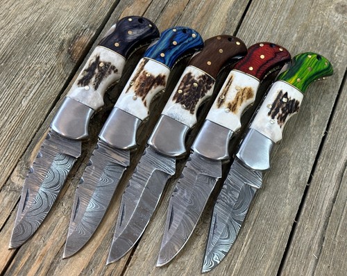 Handmade Damascus Steel Folding Knife Stag Horn & Wood Handle w/ Sheath - Picture 3 of 59