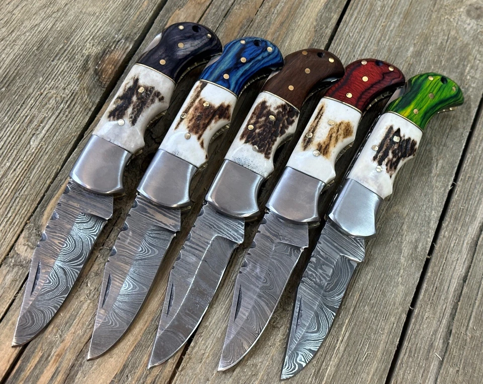 Handmade Damascus Steel Folding Knife Stag Horn & Wood Handle w/ Sheath - Image 3 of 4