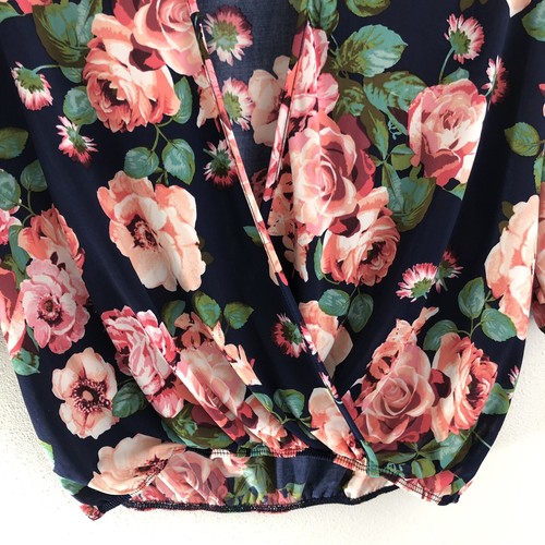 Blusa para mujer Gemstone L grande floral manga 3/4 franja cruzada frontal azul marino rosa - Imagen 5 de 11