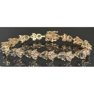 925 Sterling Silver Vermeil Iridescent And Clear Cz's Tennis Bracelet Sky