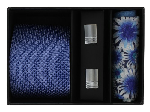 Lt Blue Skinny Silk Knitted Tie Blue Summer Flower Pocket Square Cufflink Set - Picture 6 of 9