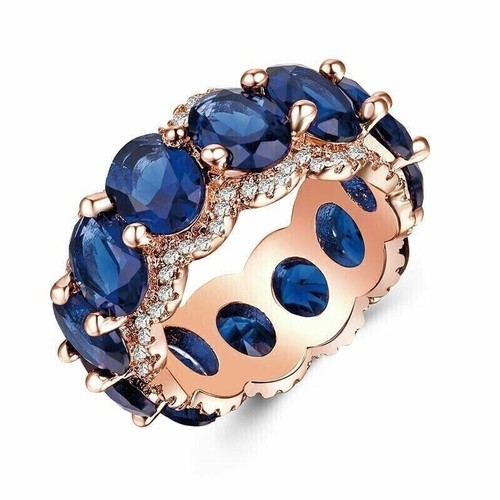 14k Rose Gold Plated 2.30 Ct Oval Cut Simulated Blue Sapphire Wedding Band Ring - Bild 4 von 6
