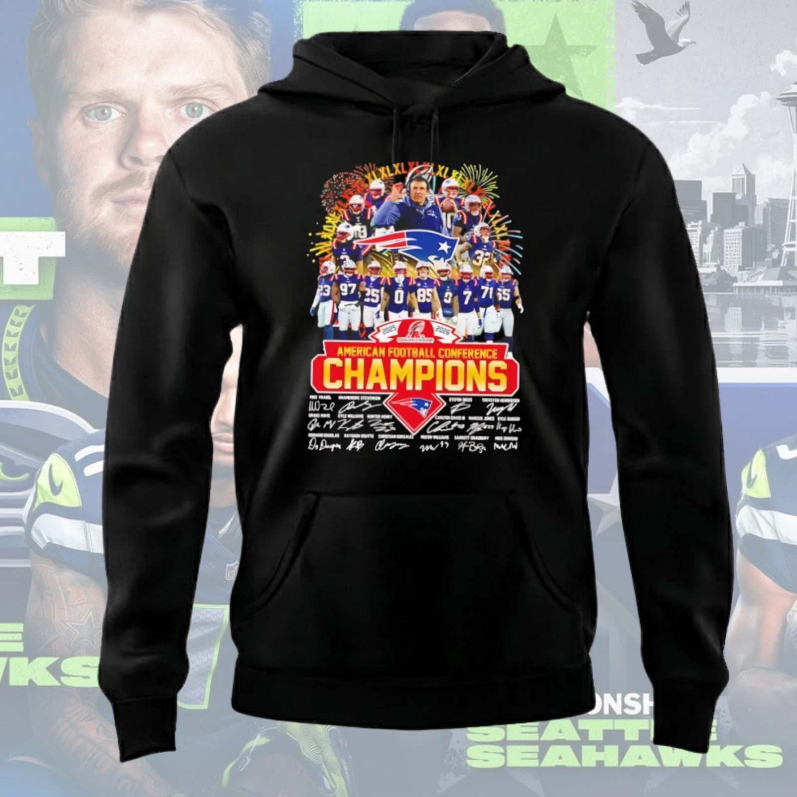 NE Patriots 2025 AFC Champions Signatures Hoodie