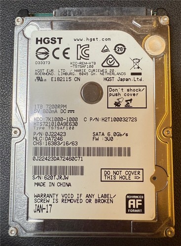 HGST, 1TB, 7K1000-1000, HTS721010A9E630, S/N: 620TJRJW, SATA HDD