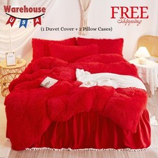 red Fluffy Comforter Cover Set Queen, Soft Shaggy Faux Fur Red Bedding Queen