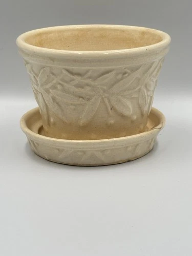 Vintage McCoy Pottery Ivory Leaf Planter w/ Saucer Mid Century USA