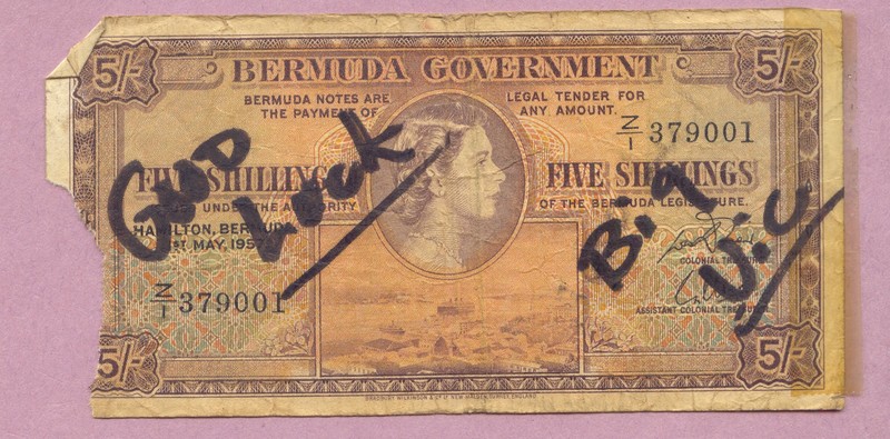 Bermuda Government, 1-5-1957, Five Shillings, P-18a, Good Luck Big Vic