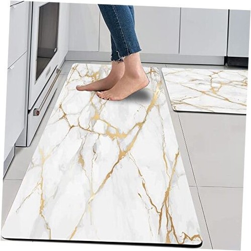 Gold White Kitchen Rugs Cushioned Anti Fatigue 2 PCS Marble Kitchen Mats PVC - Picture 1 of 7