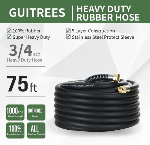 75FT 3/4 Heavy Duty Rubber Garden Hose - 200psi Working, 1000psi Burst - Hot/Col
