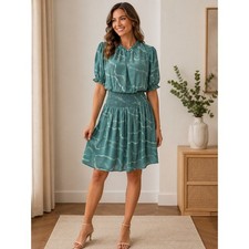 Nine West Dress XL Green Smocked Waist Ruffle Sleeve Lined Mini Dress