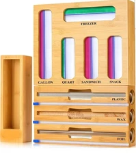 NEW Bamboo 9 IN 1 Storage Organizer for Kitchen Drawer Foil Wax Wrap Ziplock Bag
