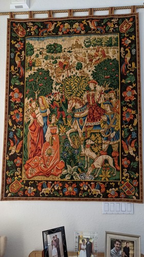 Vintage 1970s Large Medieval "Noble Courtly Hunt" Jacquard Woven Tapestry