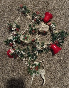 Vintage Christmas Plastic Garland White Lattice Holly & Berry 9ft MCM Bells Deer