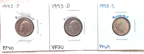 1993-P EXTRA FINE / 1993-D VERY FINE / 1993-S HIGH END PROOF ROOSEVELT DIMES