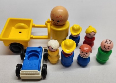 Lot of 7 Vintage Fisher Price Little People Figures, 2 Vehicles/accessory