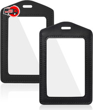 2Pcs Leather ID Badge Holders Vertical Double Sided Clear Card Holder for Office