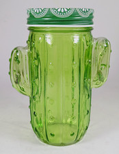 Green Cactus Jar with Floral Lid. 14 oz. Capacity.