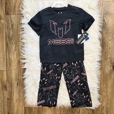 Messi Collection Pajama Set Boys Size 6/7 Black Pink Short Sleeve Top Pants NEW