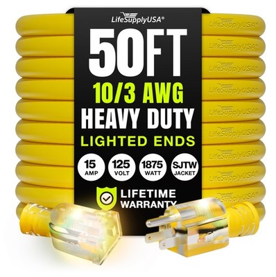 50Ft Outdoor/Indoor Extension Cord 10/3 Gauge Ultra Heavy Duty 3 Prong SJTW, Wat