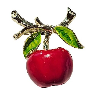Red Apple Brooch Enamel Green Leave Branch Gold Tone Teacher Pin Gerrys Gift Box