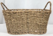 Vintage Rattan Woven Kidney Shaped Basket w/Wire Bottom  Two Handles