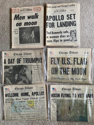 Lot of 12 Vintage 1969 Chicago Newspapers - Apollo 11 Moon Landing - July/Aug