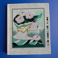 Lee Handpainted Needlepoint Canvas Vogue Lady in Green With Hat Flowers 13/14 ct