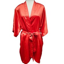 Frederick's of Hollywood Satin Robe Womens S Red Short Kimono Wrap Boudoir Pinup