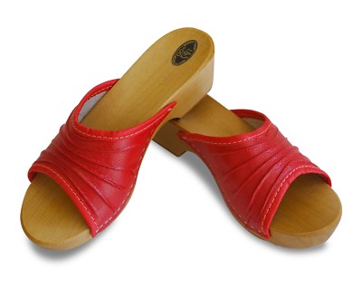 Damen Holz Clogs Leder Sandalen Pantoletten Holzschuhe Rot