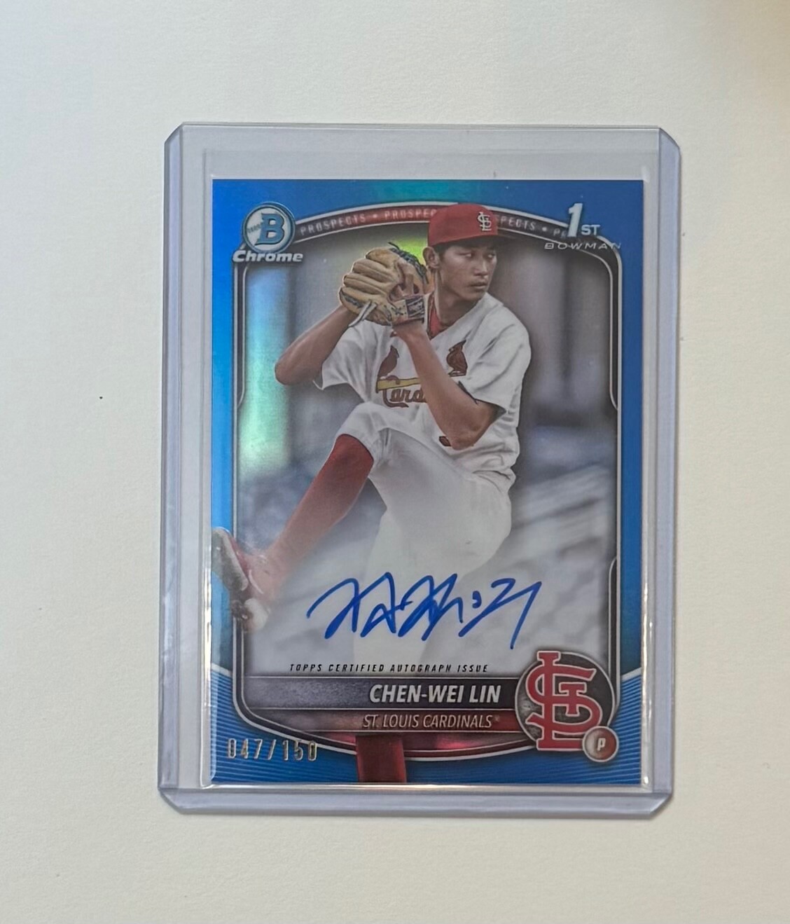 2025 Bowman Chrome Chen-Wei Lin Blue Refractor Auto 47/150 1st Bowman Cardinals