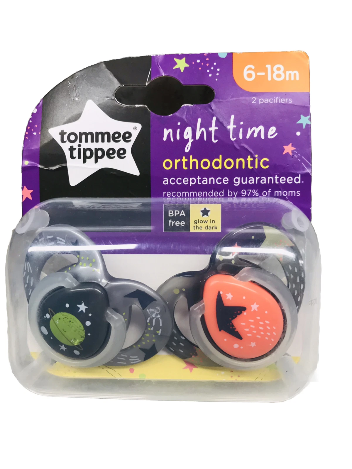 NEW Tommee Tippee Night Time Orthodontic Glow in Dark 1ea 2Pk-18 Month Pacifier