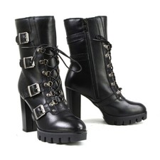 Botas de plataforma Milwaukee de cuero MBL9459 para mujer de cuero negro con cuatro hebillas con cordones