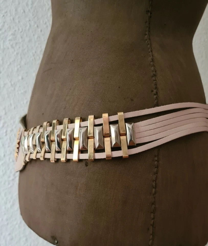 Schmuck Gürtel Ledergürtel 95cm VINTAGE 80er Ethno Punk Diva Silber Rosa Leder - Bild 3 von 4
