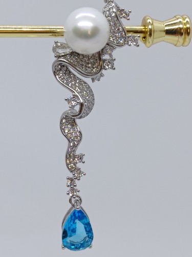 Genuine Huge Natural 14mm White Sea Pearl Earrings Drop PT950 Platinum Diamonds - Picture 19 of 24