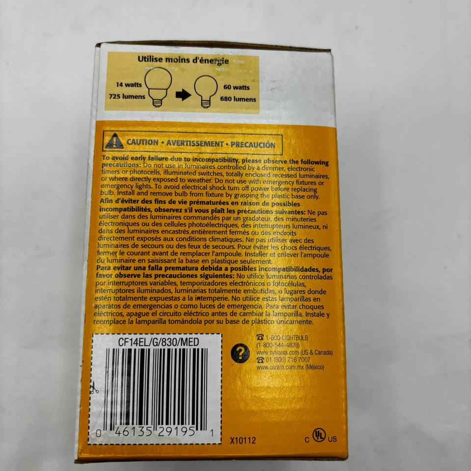SYLVANIA SOFT WHITE GLOBE 60 29195 LIGHT LAMP BULB CF14EL/G/830/MED 14W - Image 2 of 4