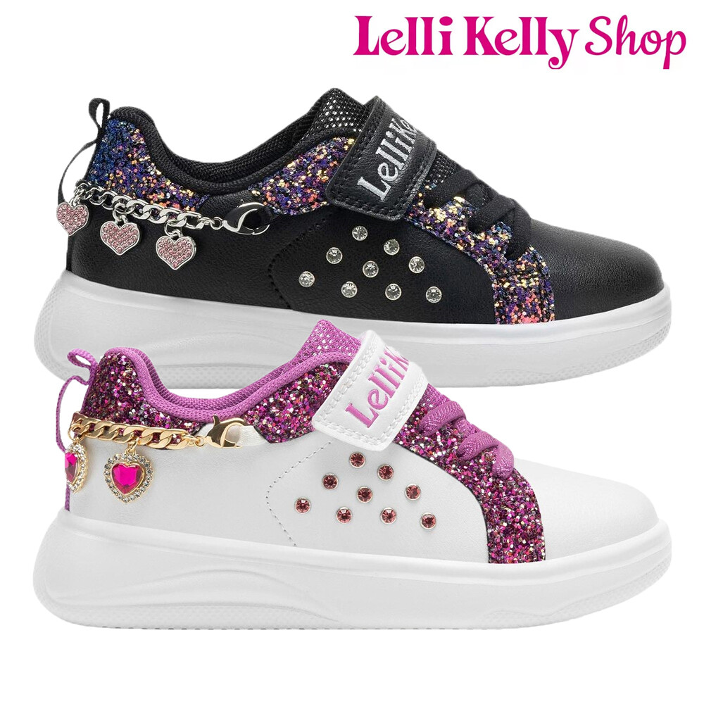 Lelli Kelly Girls Trainers White Black Chain Bracelet Heart Charm Shoes  LK4400