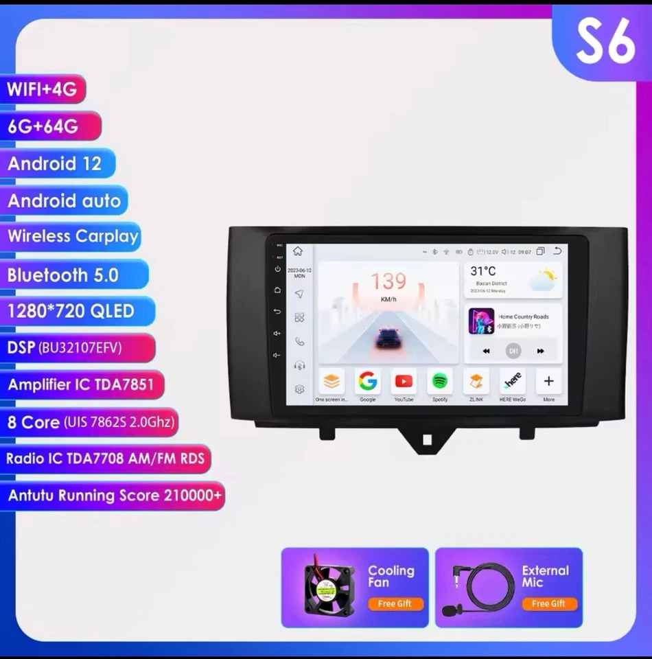 ANDROID 6gb 64gb Smart Fortwo 451 2011-2015 stereo navigatore radio 9" USB WIFI - Image 2 of 4