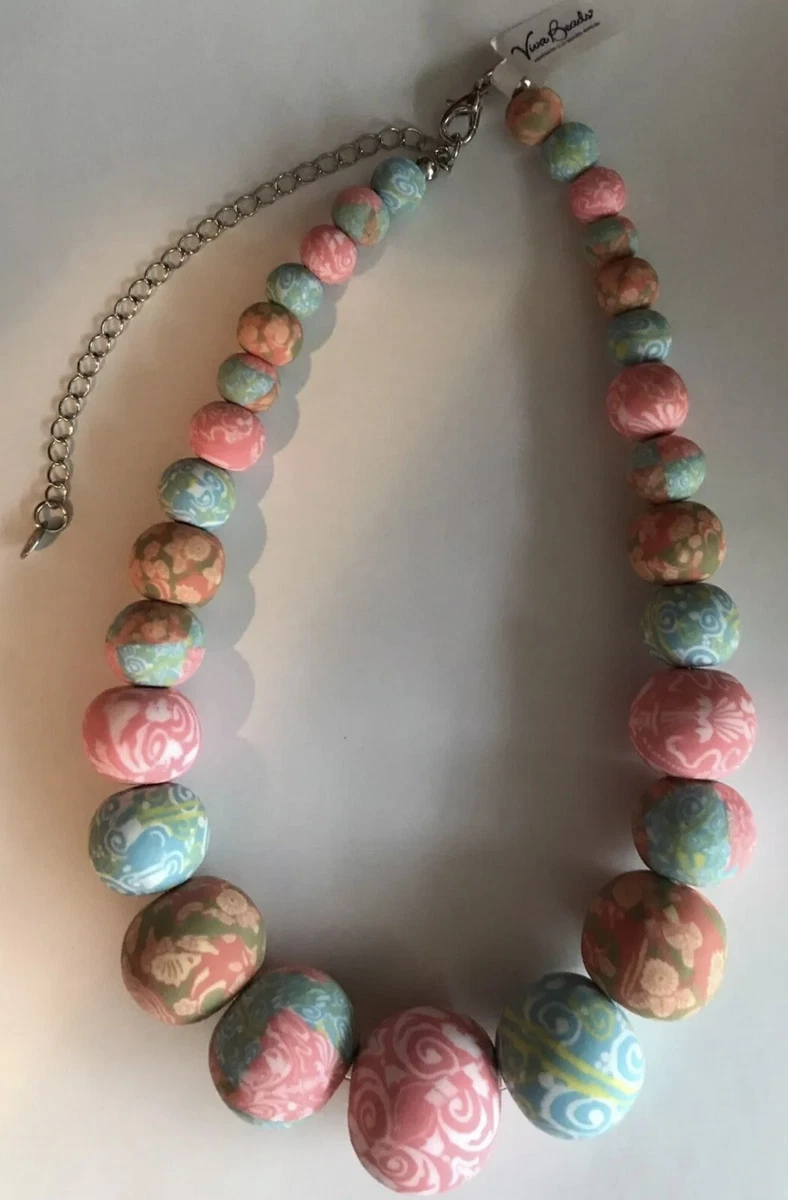 Viva Beads Handmade Polymer Clay Caning Necklace Multicolor Graduated Beads