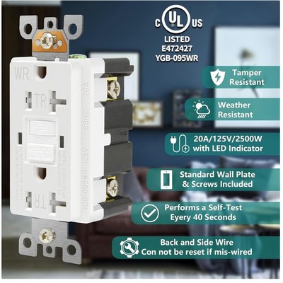 Weatherproof GFCI Outlet 20A LED Indicator Tamper-Resistant