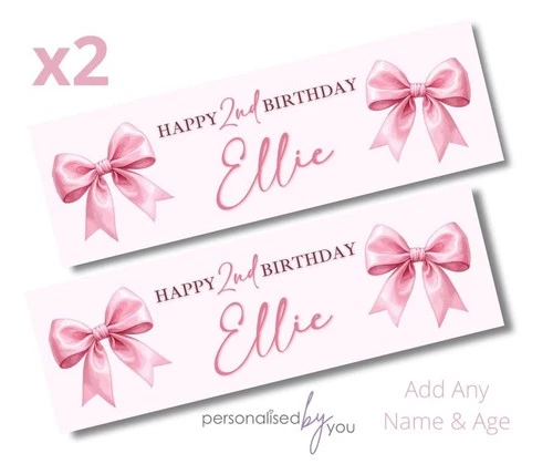 2x Personalised PINK BOW Happy Birthday Banner LARGE Poster ANY TEXT
