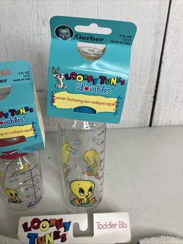 Vintage Gerber Baby Flasche & Lätzchen Looney Tunes Lovables Nurser Baby Tweety Vogel Set - Bild 6 von 8