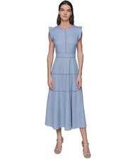 KARL LAGERFELD PARIS Lace-Inset Flutter-Sleeve Midi Dress Blue Size 10 MSRP 189