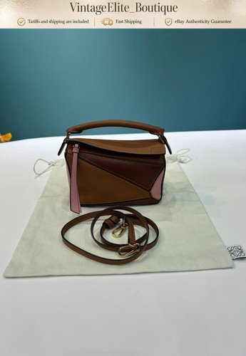 Loewe Puzzle Mini Brown Pink Leather Gold HW Shoulder Bag Preowned Authentic