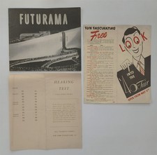 1939–40 vintage NY WORLD'S FAIR FUTURAMA GM HIGHWAYS BELL HEARING TEST 3pc LOT