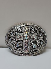 Silver Oval Rhinestone Filled Cross Silver Swirl Belt Buckle Great VIntage Shape