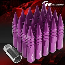 JDM PURPLE 20PCS M12X1.5 20MM OD 107MM TALL ALUMINUM LUG NUTS SPIKED CAP+ADAPTER