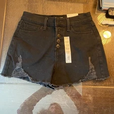 So High Rise Mom Shorts Button Fly Raw Hem Factory Distressed Size NWT 3/26 