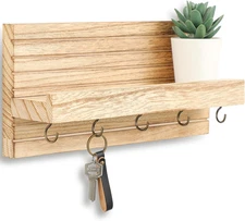 Decorative Key Holder for Wall with Shelf, Entryway Shelf with Hooks Holds Leash
