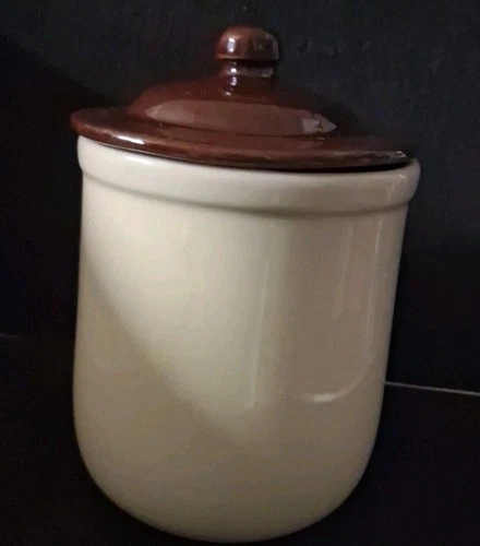 Vintage Mccoy? Ceremic Pottery Beanpot Cookie Jar Lidded Crock Creme Dk Caramel